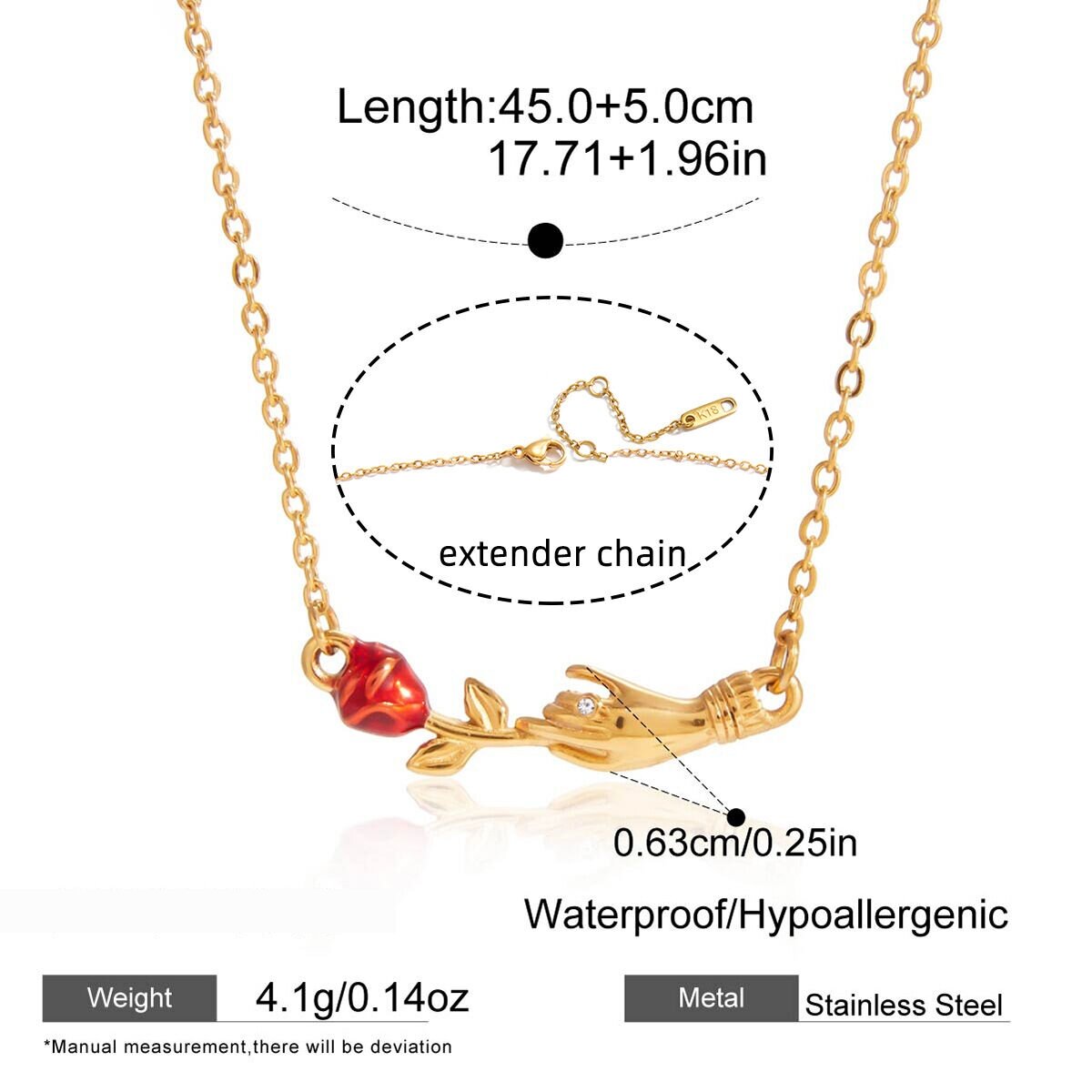 1 Stück Romantische Hand&Rose Edelstahl Wasserdichte Goldfarbene Damenanhänger-Halskette Bild2