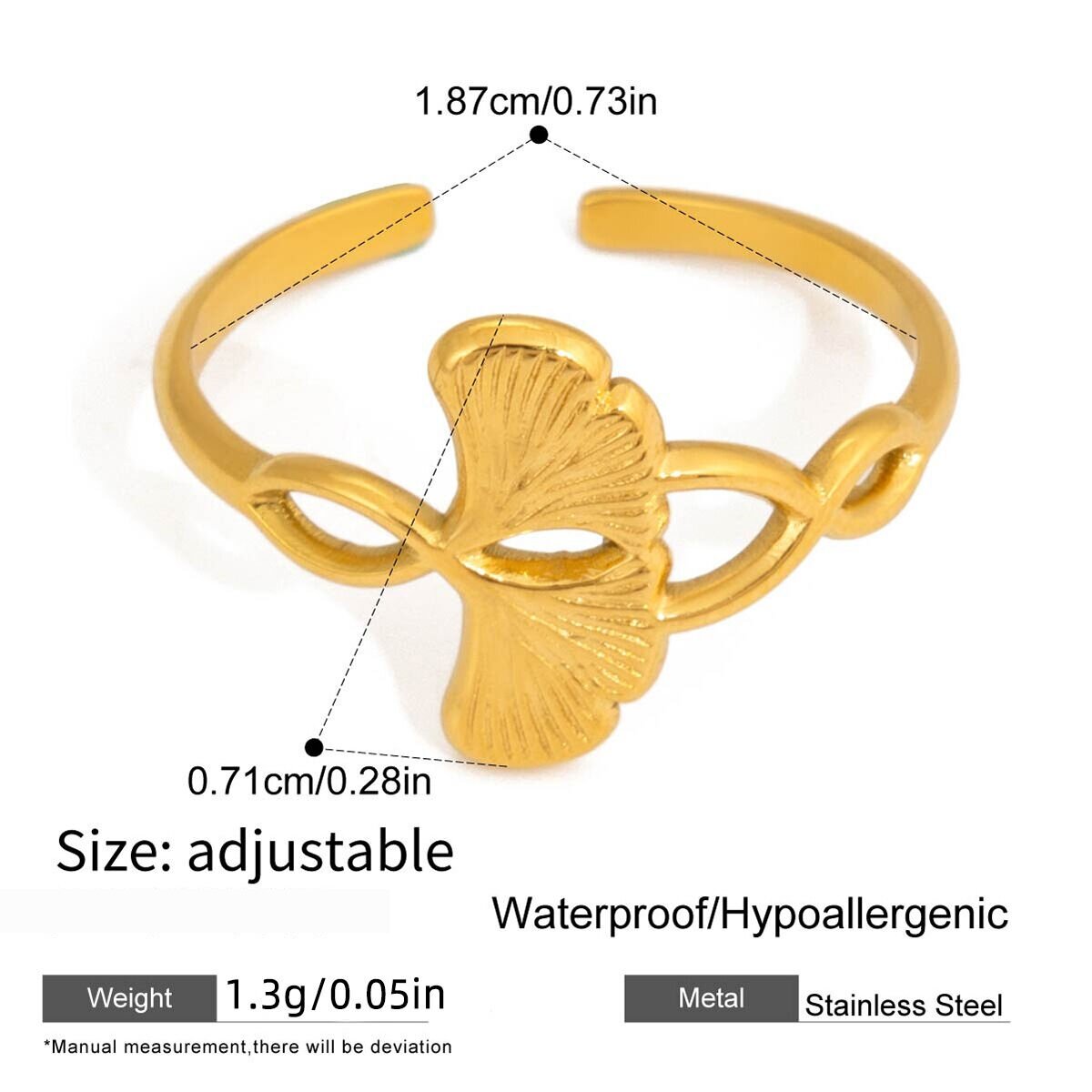 1 Piece Simple Ginkgo Leaf Stainless Steel Waterproof Gold Color Statement Rings h5 Picture2