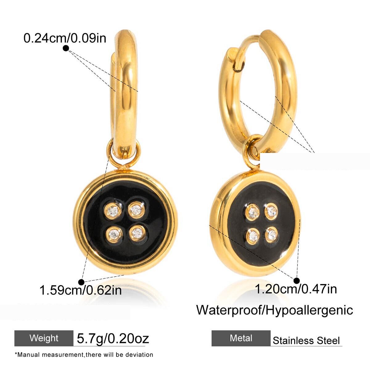 Conjuntos De Joyas Para Mujer De Acero Inoxidable, Color Dorado, Resistentes Al Agua, Con Botones Negros Clásicos Imagen2
