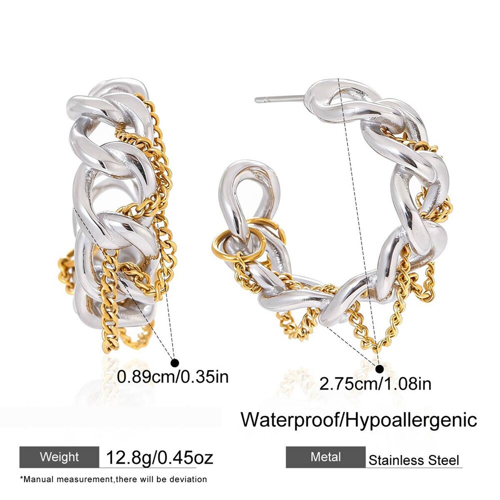 1 Pair Daily Chain Mixed Gold Color And Silver Colors Stainless Steel Waterproof Women's Hoop Earrings Picture2