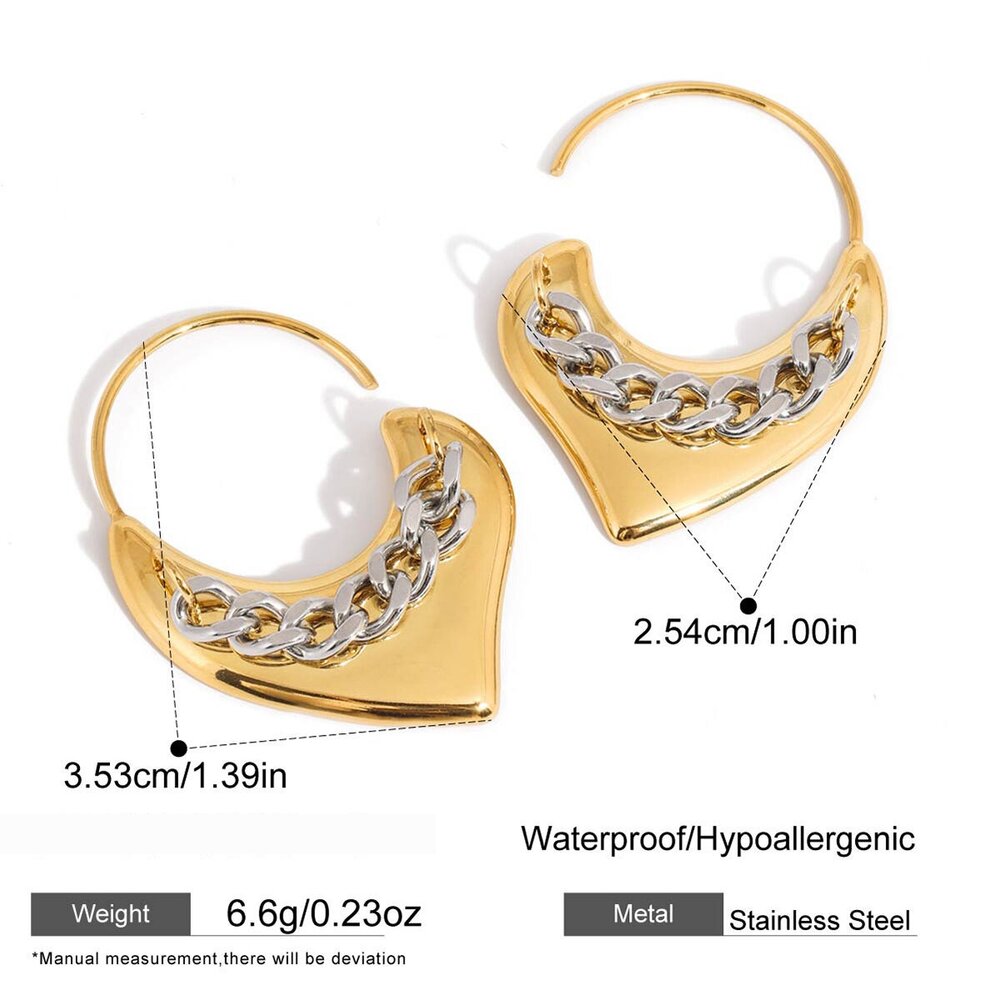 1 Pair Simple Gold Heart & Silver Chain Colors Stainless Steel Waterproof Women's Hoop Earrings Picture2