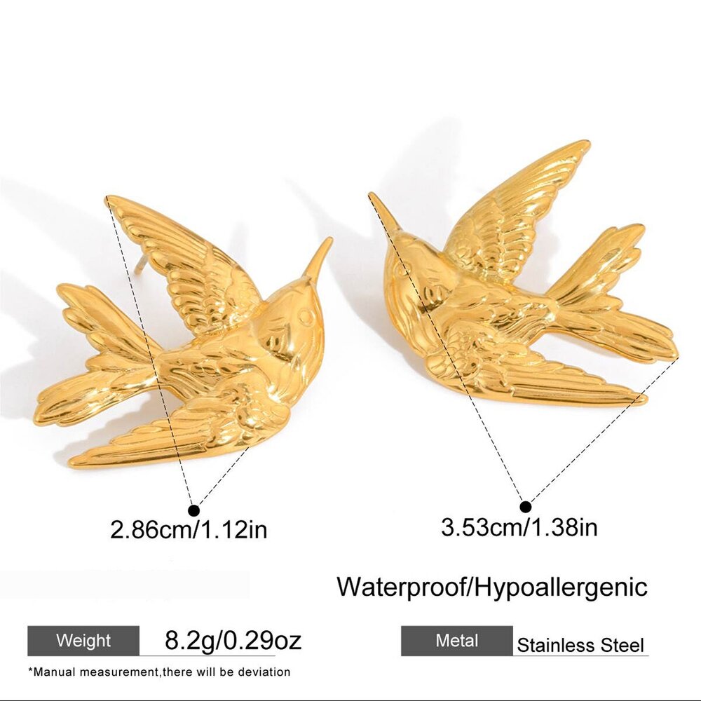 1 Pair Classic Swallow Stainless Steel Waterproof Gold Color Women's Stud Earrings Picture2