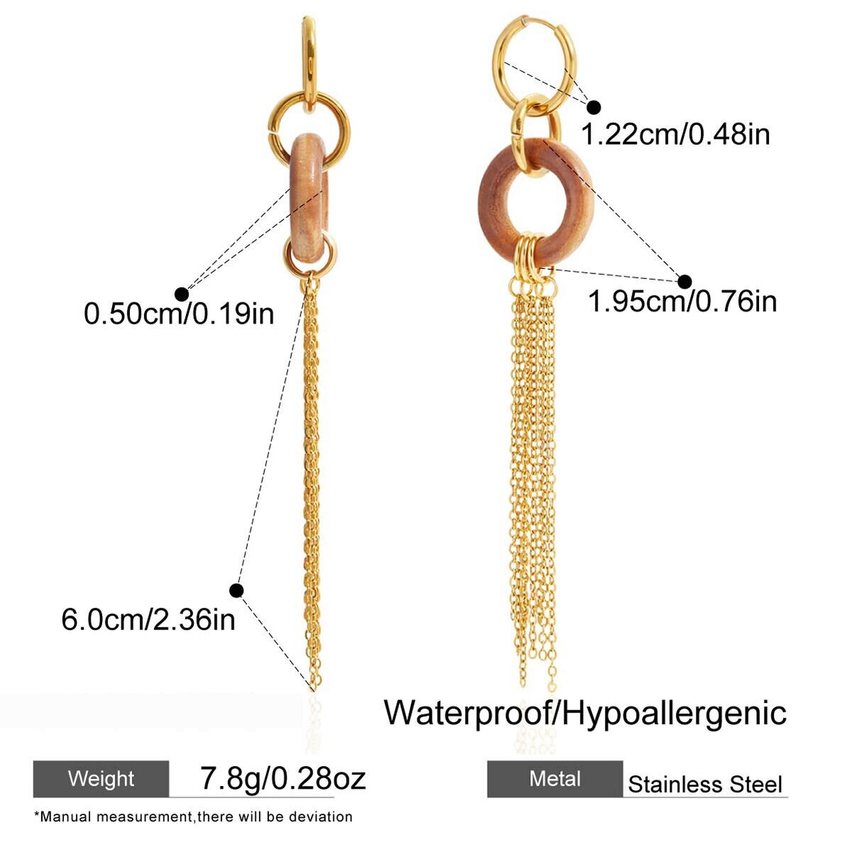 1 Pair Classic Tassel Woody Circle Stainless Steel Waterproof Gold Color Women's Dangle Earrings h5 Picture2
