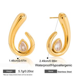 1 Pair Gorgeouos Droplet Stainless Steel Waterproof Gold Color Zircon Women's Stud Earrings h5 Picture2