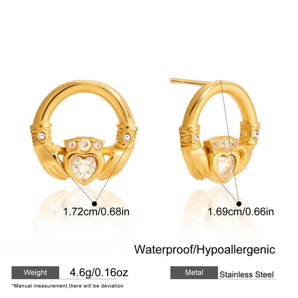 1 Pair Romantic Hand&Heart Stainless Steel Waterproof Gold Color Zircon Women's Stud Earrings Picture2