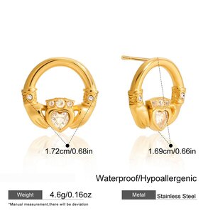 1 Pair Romantic Hand&Heart Stainless Steel Waterproof Gold Color Zircon Women's Stud Earrings h5 Picture2