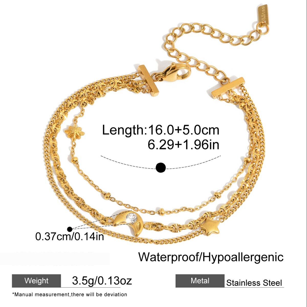 Bracelet Sophistiqué À Trois Rangs En Acier Inoxydable Doré Et Zircon, Étanche, Pour Femme (1 Pièce). h5 Image2