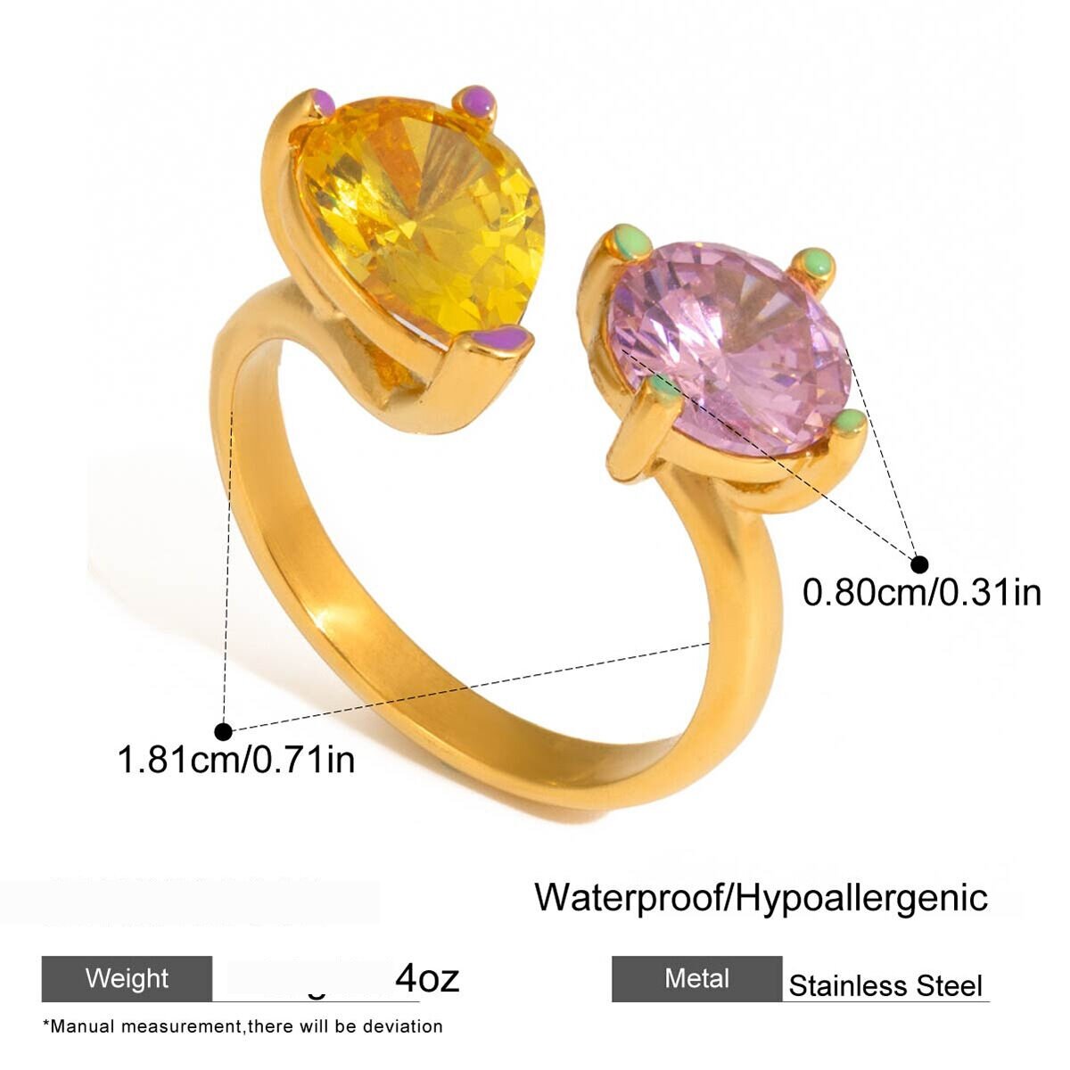 1 Stück Farbenfroher, Tropfenförmiger Damenring Aus Wasserdichtem Edelstahl In Goldfarbe Mit Zirkonia Bild2