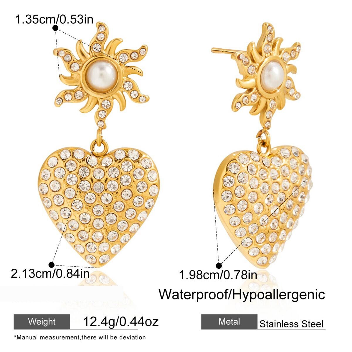 1 Pair Romantic Heart&Sun Stainless Steel Waterproof Gold Color Women's Drop Earrings h5 Picture2