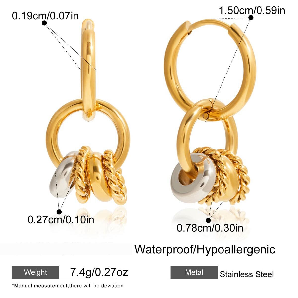 1 Paio Di Orecchini Pendenti Da Donna In Acciaio Inossidabile Impermeabile Con Cerchi Classici In Colori Misti Oro E Argento Immagine2