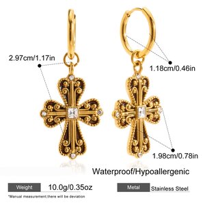 1 Pair Luxurious Cross Stainless Steel Waterproof Gold Color Women's Drop Earrings h5 Picture2