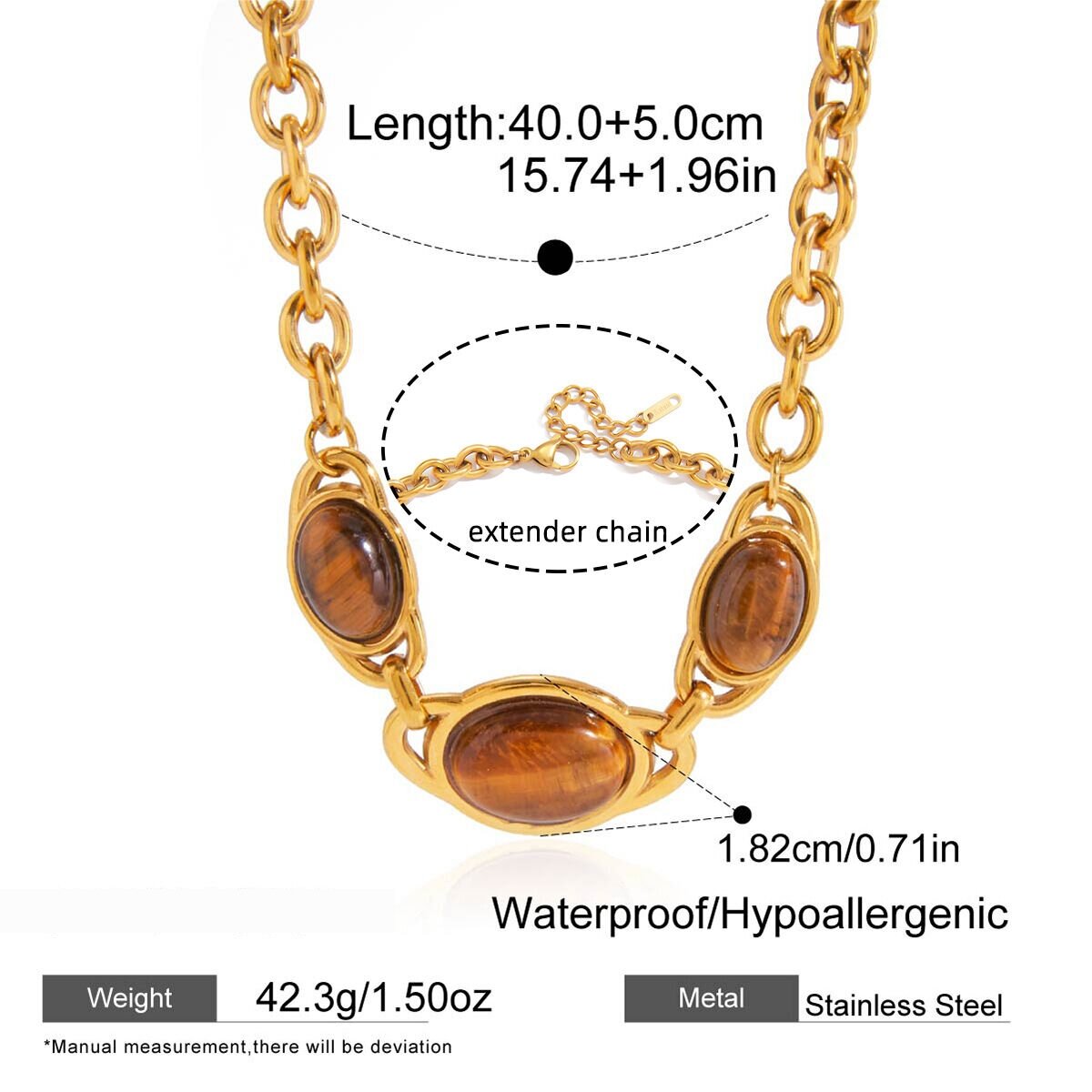 1 Piece Vintage Natural Stone Oval Stainless Steel Waterproof Gold Color Women's Pendant Necklaces Picture2
