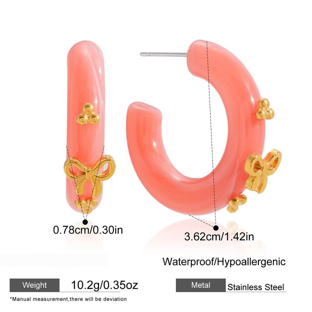 1 Pair Romantic Pink Resin Bow Knot Gold Color Women's Hoop Earrings Picture2