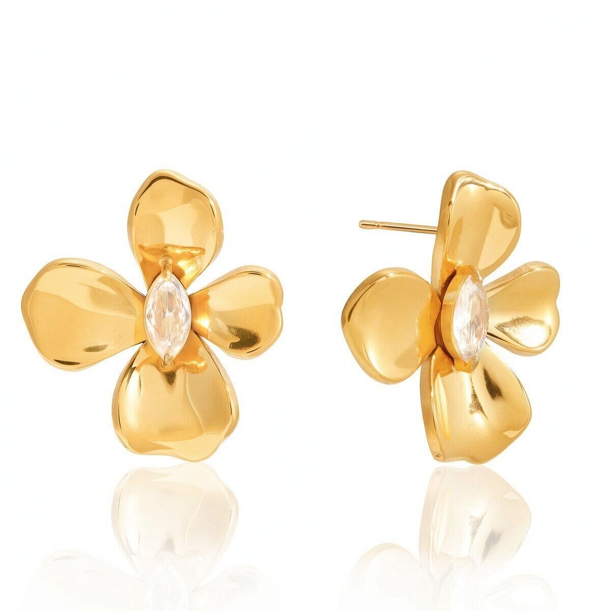 1 Pair Dazzling Flower Stainless Steel Waterproof Gold Color Zircon Women's Stud Earrings h5 
