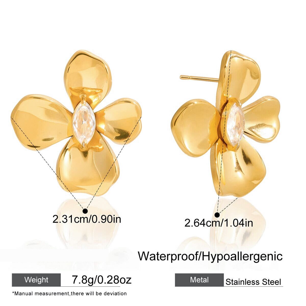1 Pair Dazzling Flower Stainless Steel Waterproof Gold Color Zircon Women's Stud Earrings Picture2