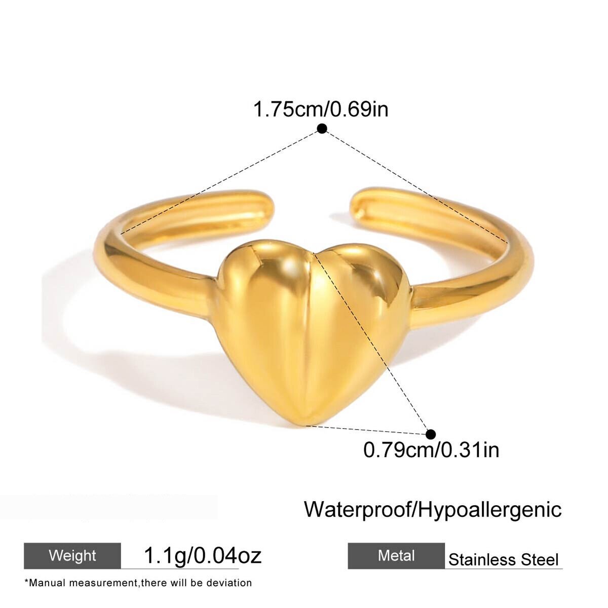 1 Piece Modern Heart Stainless Steel Waterproof Gold Color Minimalist Rings h5 Picture2