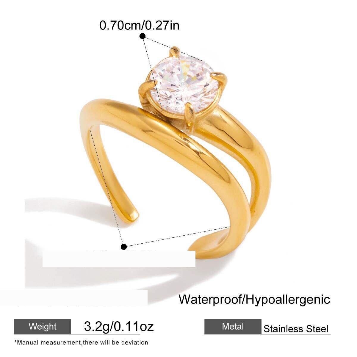 Bague Pour Femme En Acier Inoxydable Doré, Étanche, Ornée D'Un Zircon Et D'Une Goutte Brillante (1 Pièce). h5 