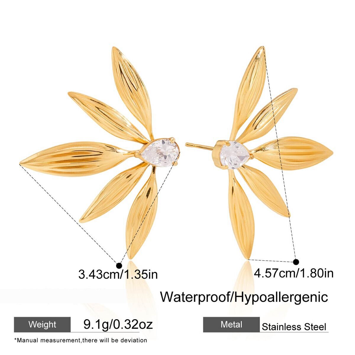 1 Paar Elegante, Wasserfeste Ohrstecker Aus Edelstahl In Goldfarbe Mit Zirkonia-Besatz In Blätterform Für Damen Bild2