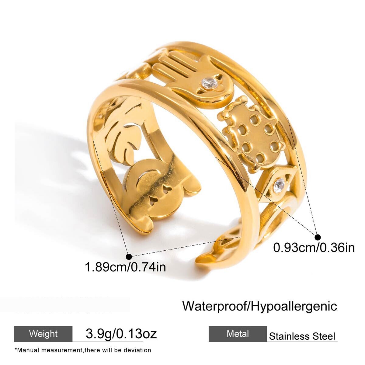 1 Stuk Luxe, Waterdichte, Goudkleurige Statement Ring Met Duivelsoogmotief, Roestvrij Staal Afbeelding2