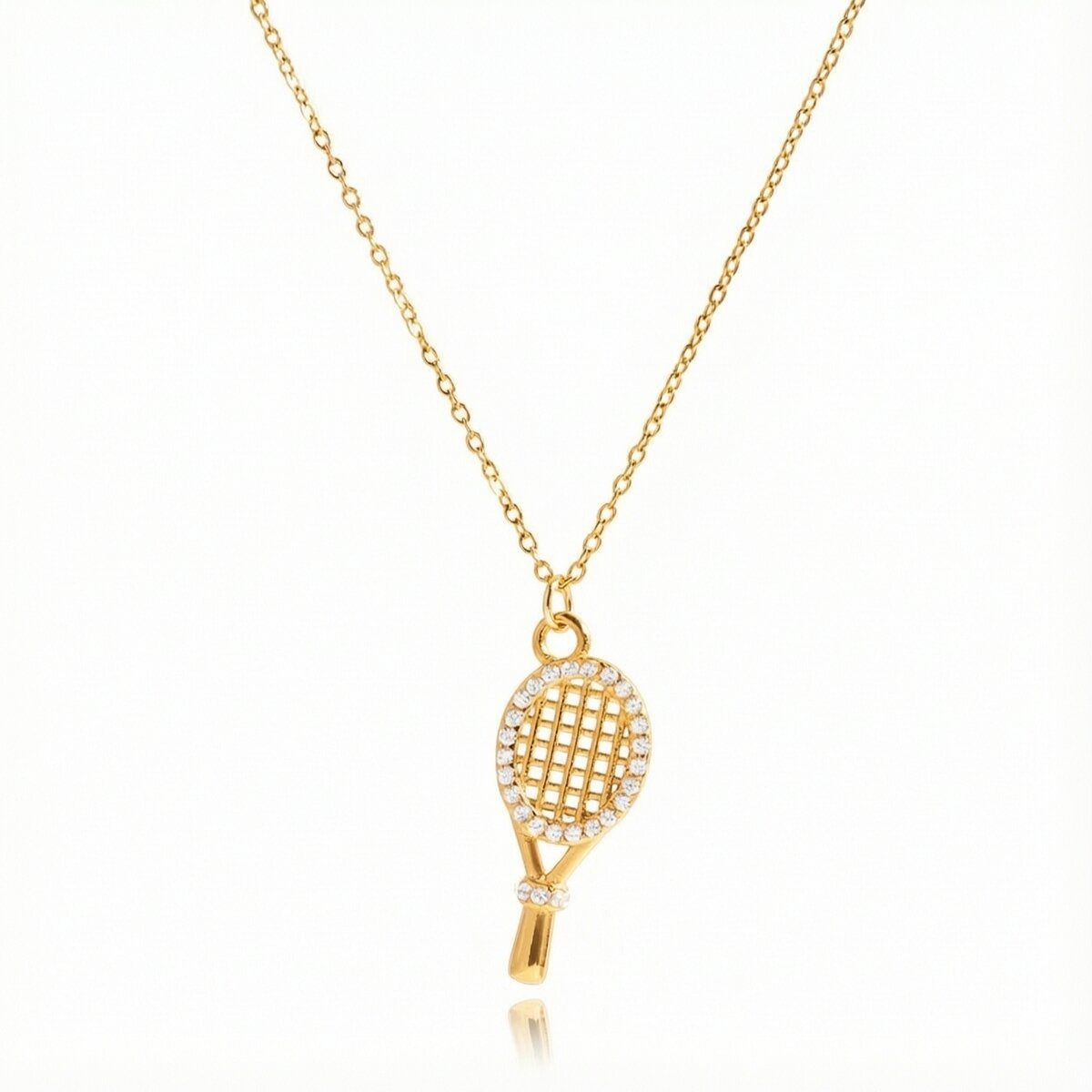 Collier Pendentif Femme En Forme De Raquette De Tennis, En Acier Inoxydable Imperméable, Couleur Or Et Zircon. 