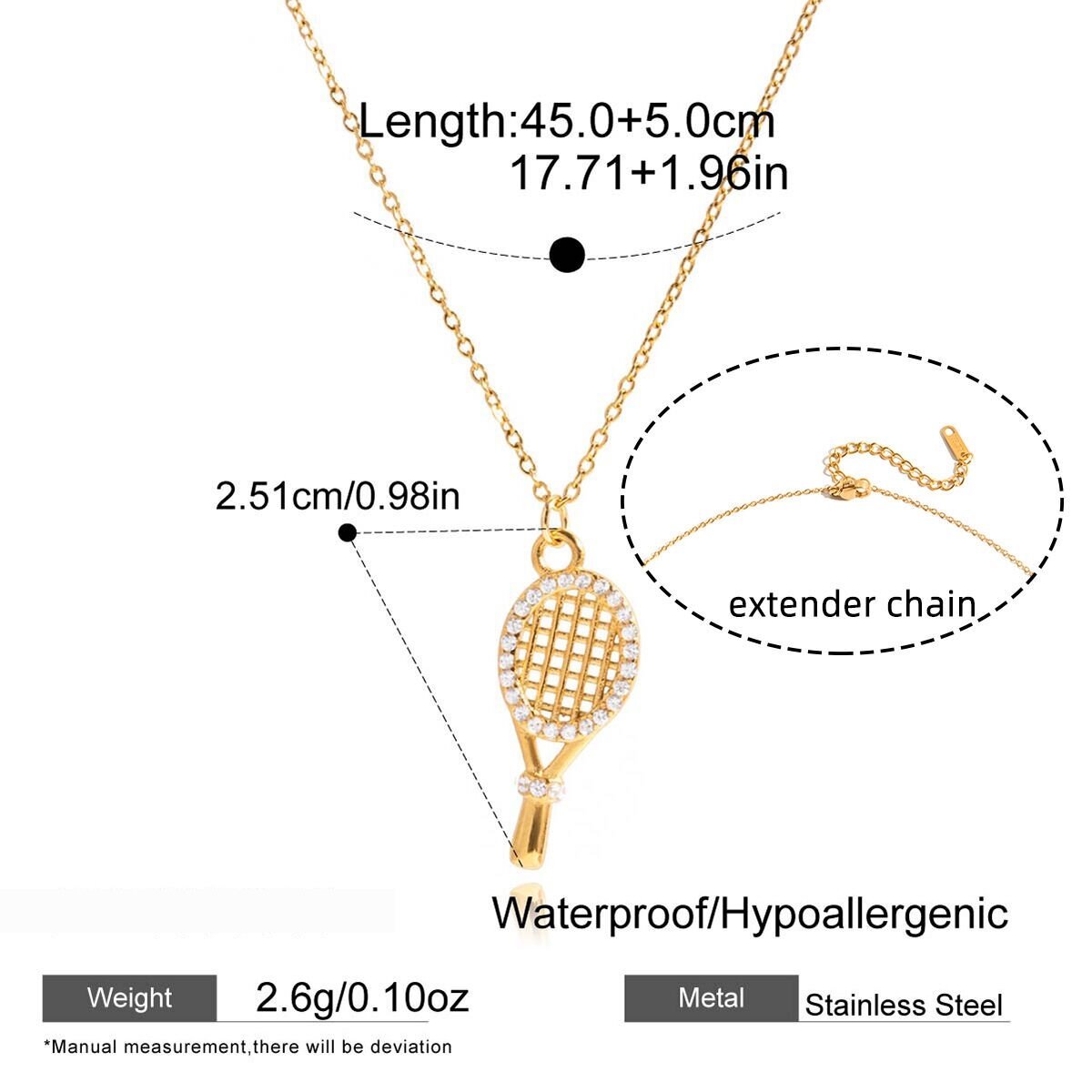 Collier Pendentif Femme En Forme De Raquette De Tennis, En Acier Inoxydable Imperméable, Couleur Or Et Zircon. Image2