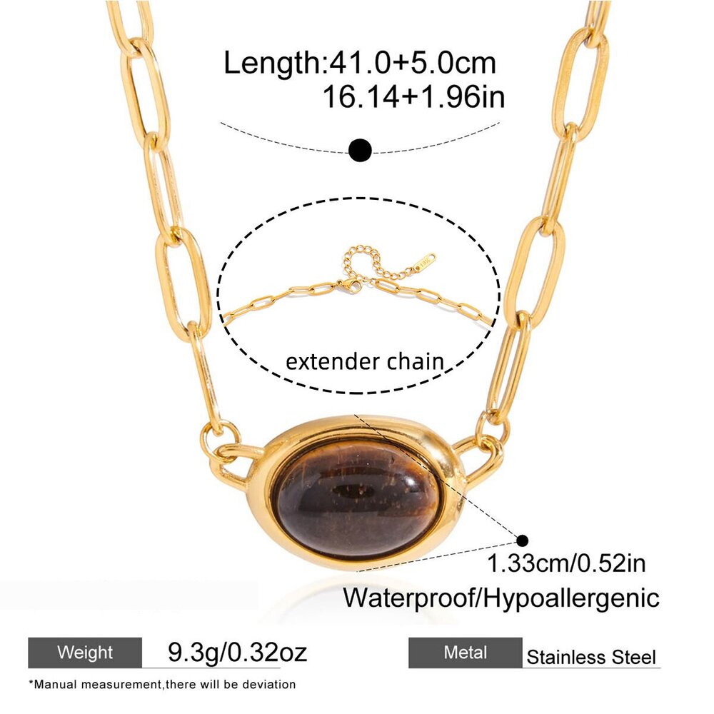 1 Piece Retro Oval Natural Stone Stainless Steel Waterproof Gold Color Women's Pendant Necklaces Picture2