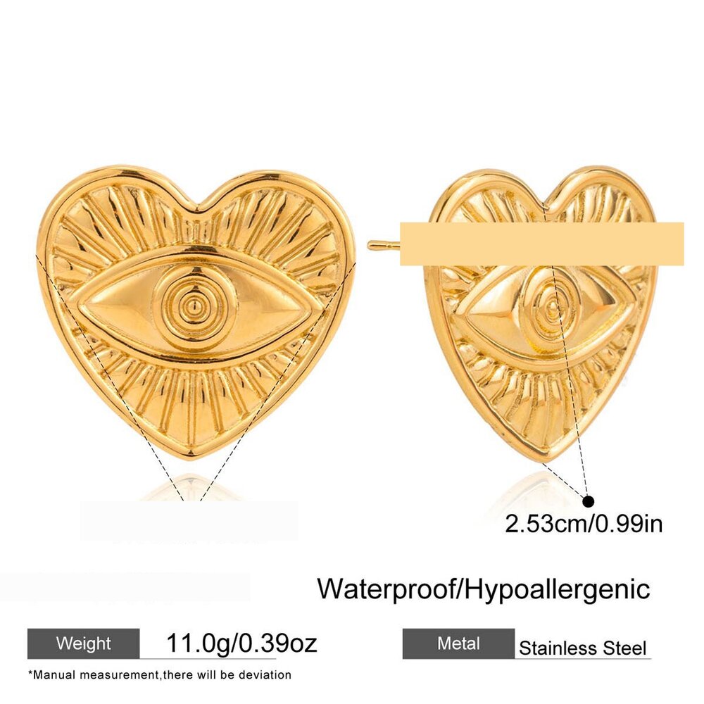 1 Pair Vogue Heart&Eye Stainless Steel Waterproof Gold Color Women's Stud Earrings Picture2
