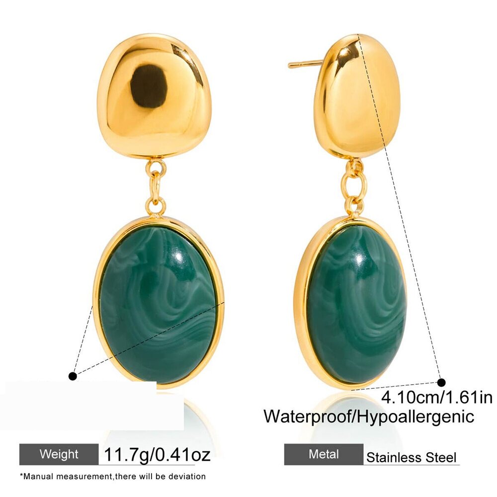 1 Paar Retro Groene Ronde Oorbellen Van Roestvrij Staal, Waterdicht, Goudkleurig Acryl, Voor Dames. Afbeelding2