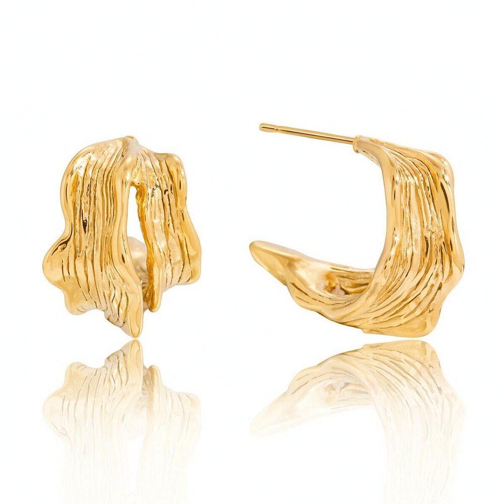 1 Pair Irregular Hammer Pattern Stainless Steel Waterproof Gold Color Women's Hoop Earrings