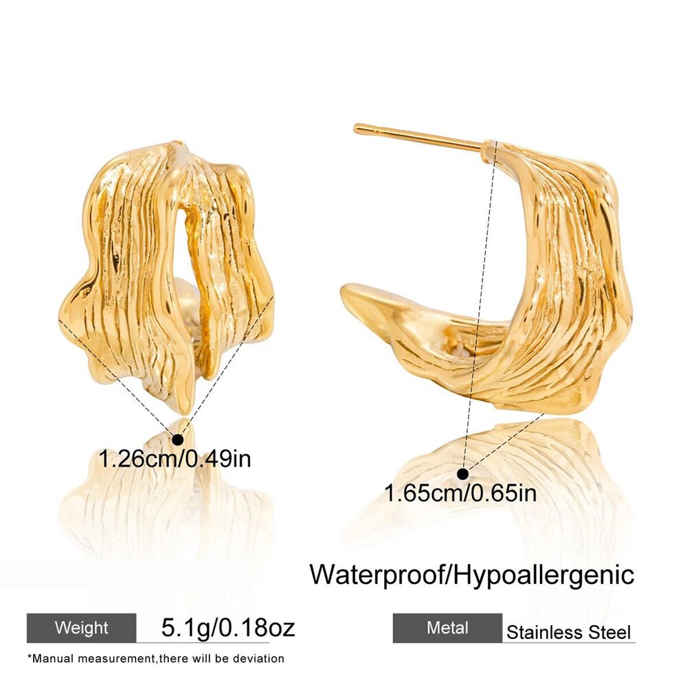 1 Pair Irregular Hammer Pattern Stainless Steel Waterproof Gold Color Women's Hoop Earrings Picture2