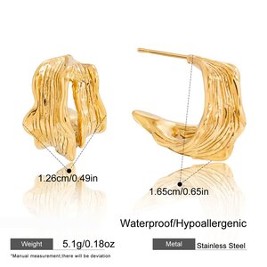 1 Pair Irregular Hammer Pattern Stainless Steel Waterproof Gold Color Women's Hoop Earrings h5 Picture2