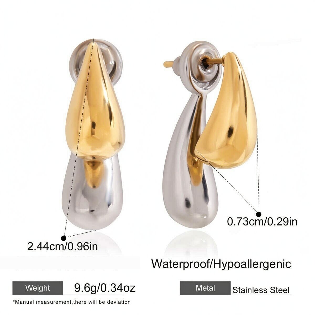 1 Paar Gold- Und Silberfarbene, Tropfenförmige, Wasserdichte Edelstahl-Ohrstecker Für Damen h5 Bild2