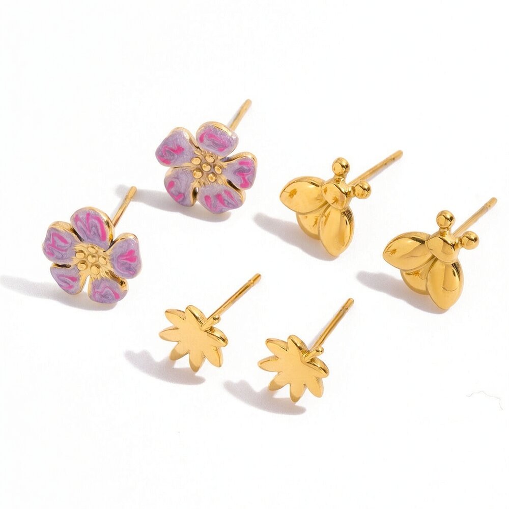 1 Set Romantic Flower Stainless Steel Waterproof Gold Color Women's Earring Sets