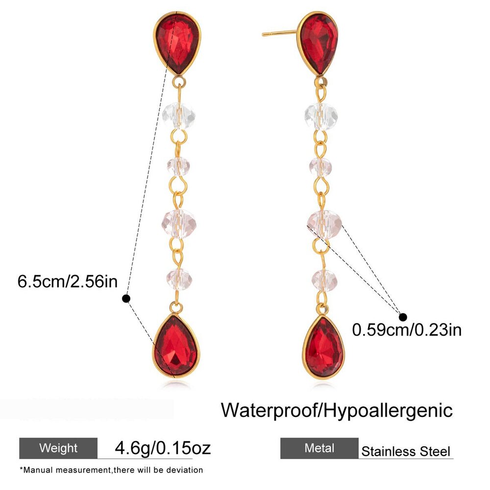 1 Paar Luxuriöse Rote Tropfenohrringe Aus Edelstahl, Wasserdicht, Goldfarben, Für Damen Bild2