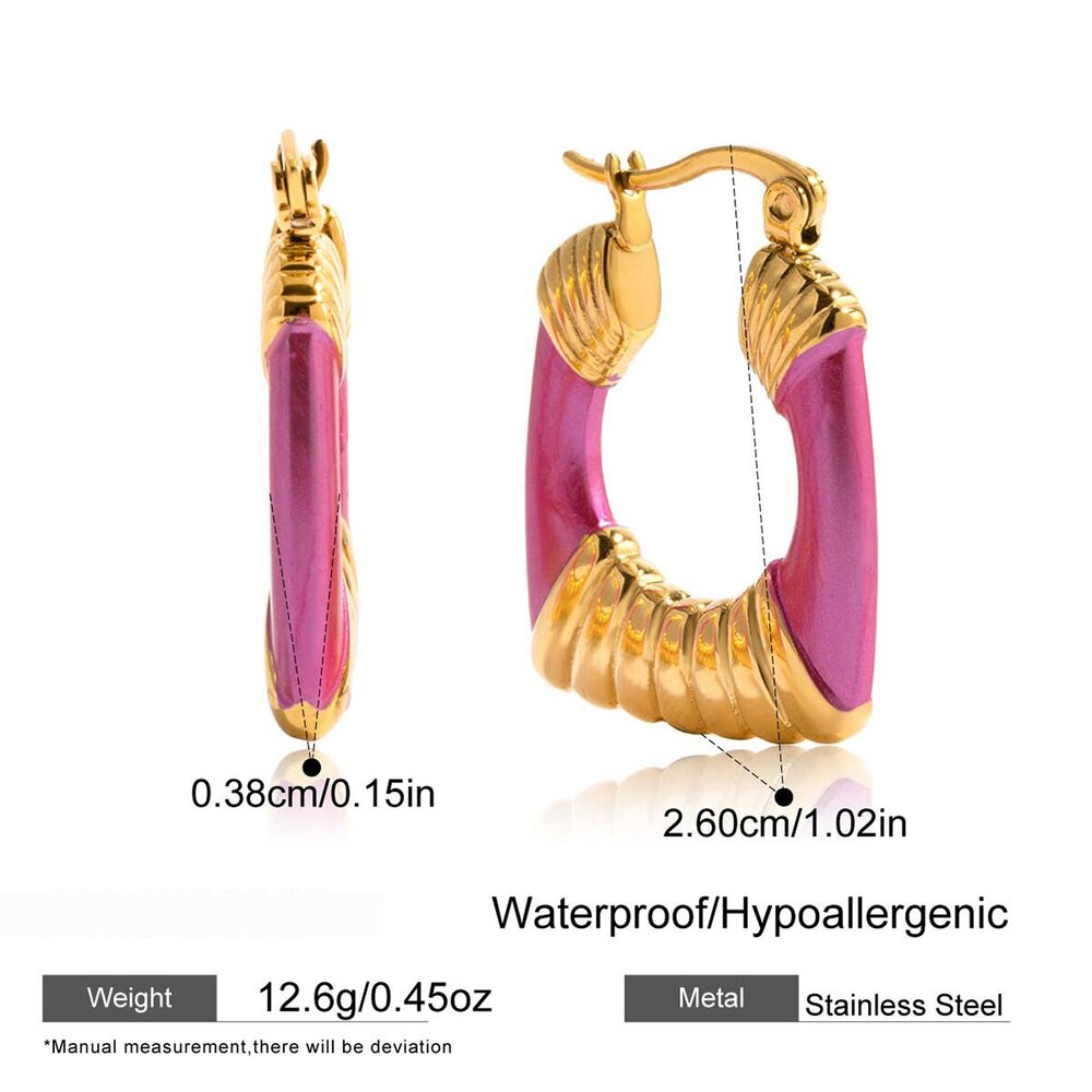1 Pair Radiant Pink Rectangle Stainless Steel Waterproof Gold Color Women's Hoop Earrings Picture2