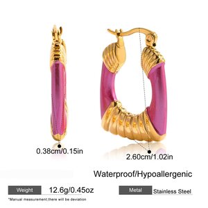 1 Pair Radiant Pink Rectangle Stainless Steel Waterproof Gold Color Women's Hoop Earrings h5 Picture2