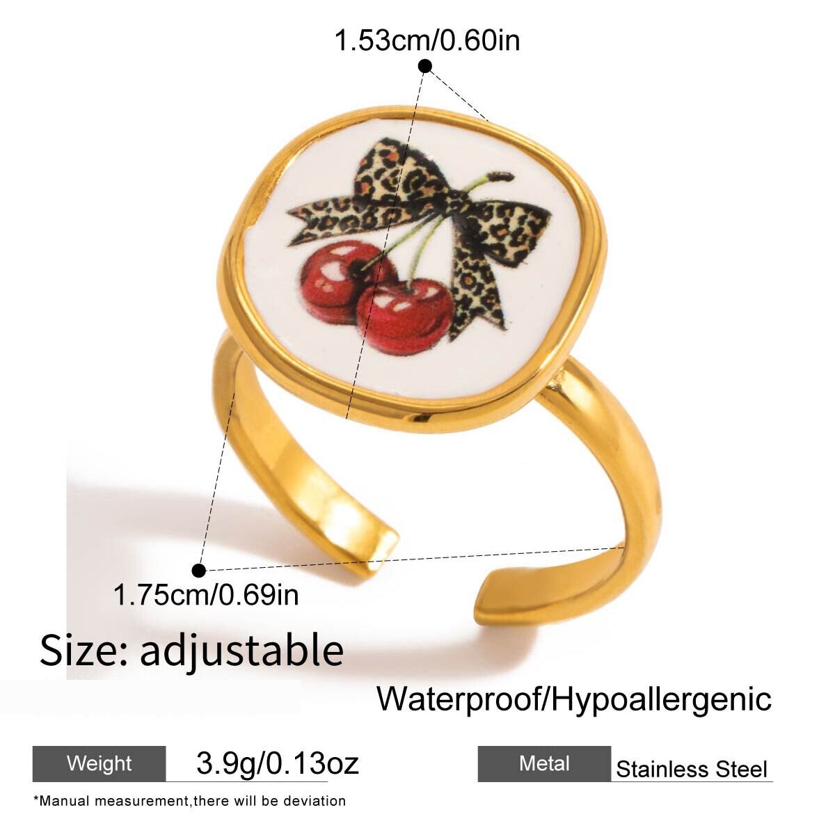 1 Piece Sweet Cherry Leopard Print Stainless Steel Waterproof Gold Color Statement Rings Picture2