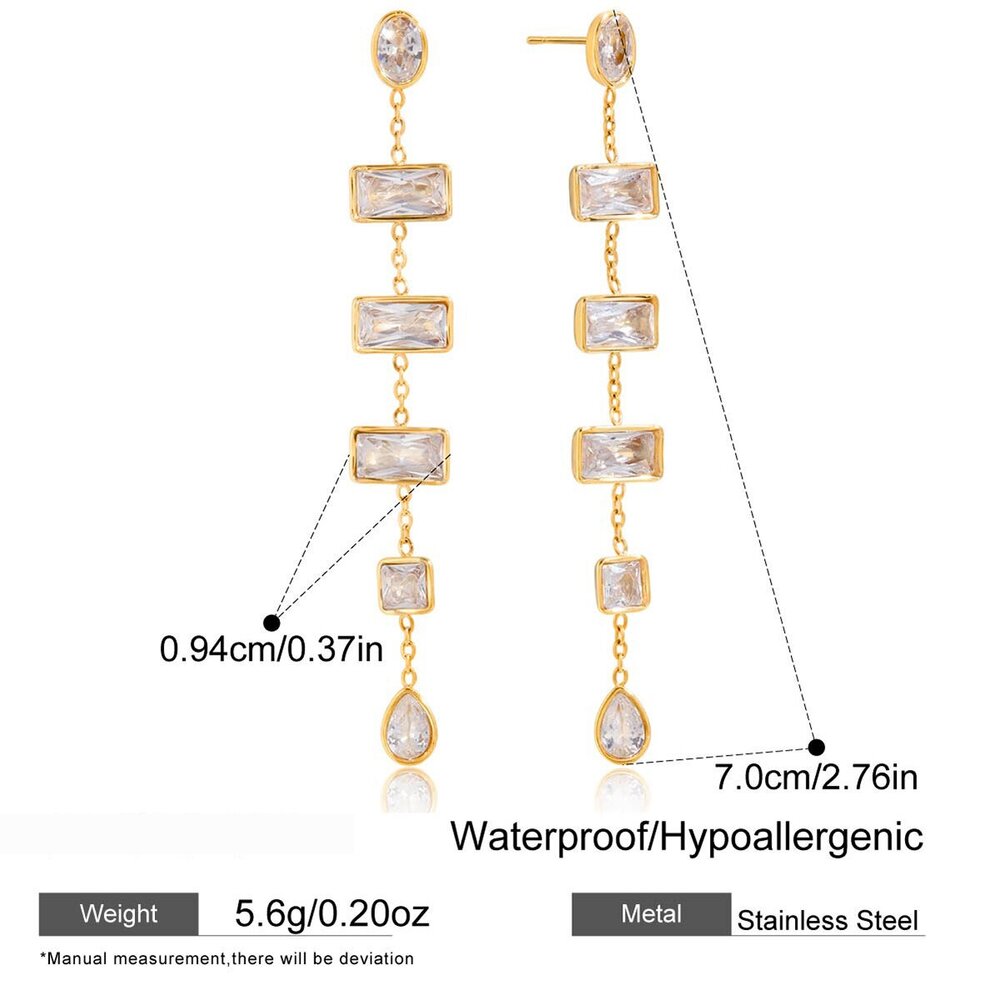 1 Paar Exquisite Rechteckige, Wasserdichte Ohrhänger Aus Edelstahl In Goldfarbe Mit Zirkonia Für Damen Bild2