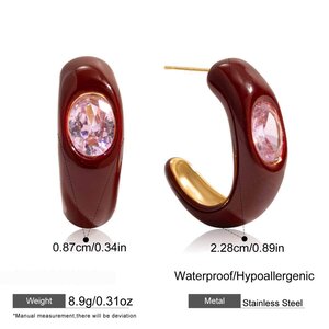 1 Pair Vintage Red Stainless Steel Waterproof Gold Color Zircon Women's Hoop Earrings h5 Picture2