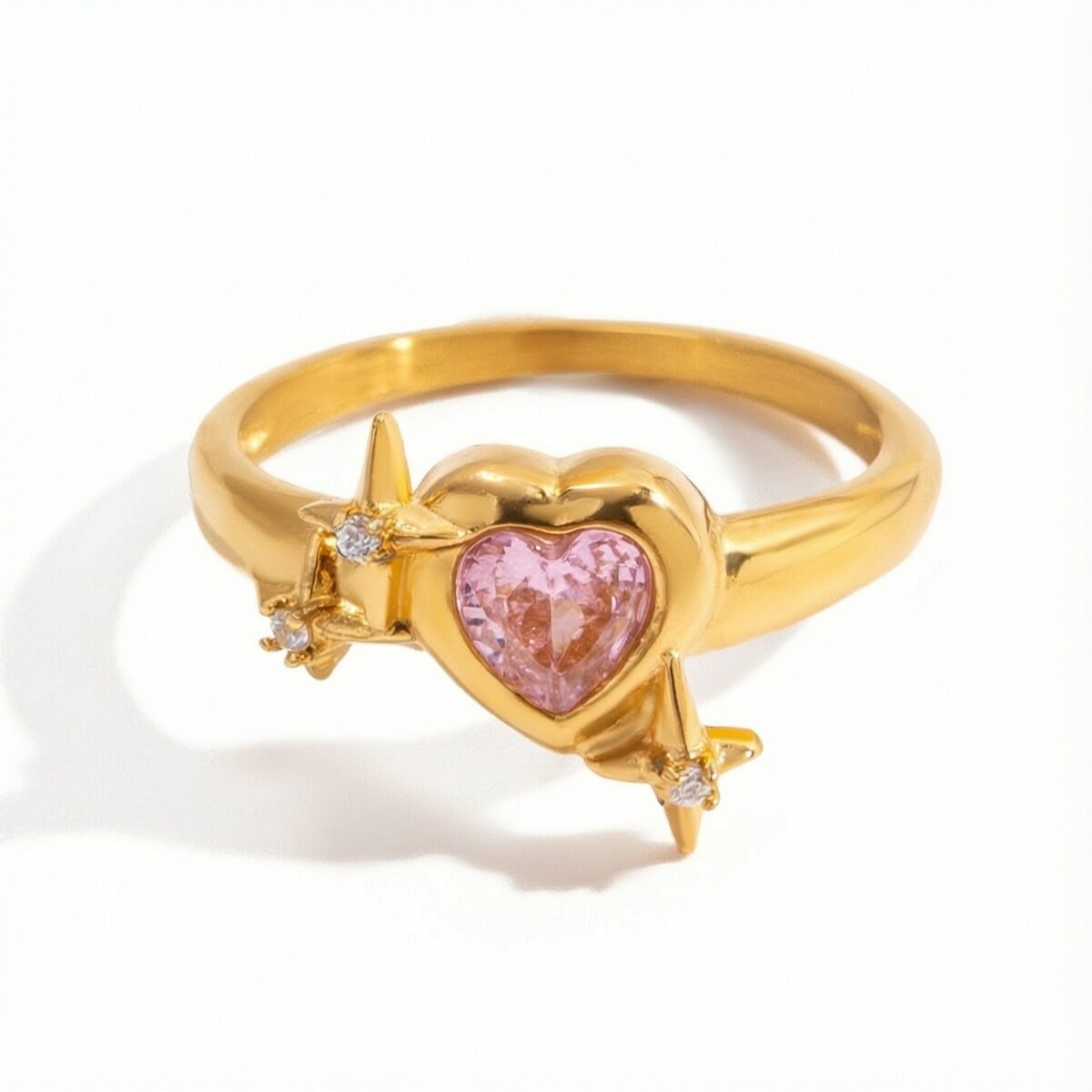 1 Piece Glamorous Pink Heart Stainless Steel Waterproof Gold Color Zircon Women's Gemstone Rings 