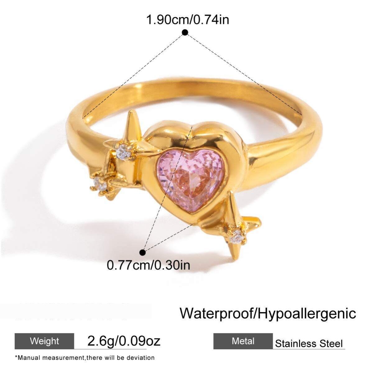 1 Piece Glamorous Pink Heart Stainless Steel Waterproof Gold Color Zircon Women's Gemstone Rings Picture2