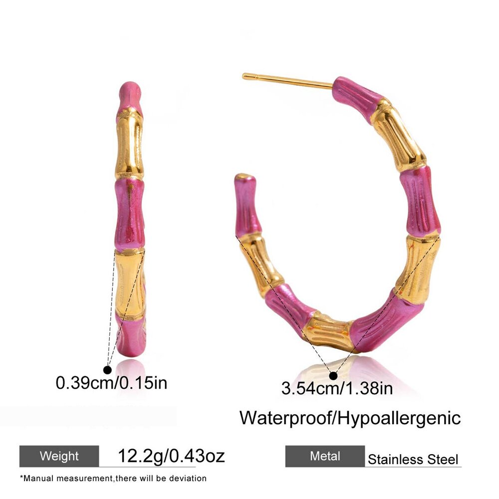 1 Pair Bamboo Joint Pink Stainless Steel Waterproof Gold Color Women's Hoop Earrings Picture2