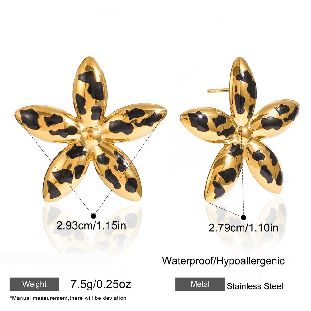 1 Paar Sexy Oorbellen Met Bloemen- En Luipaardprint, Gemaakt Van Roestvrij Staal, Waterdicht En Goudkleurig. Afbeelding2
