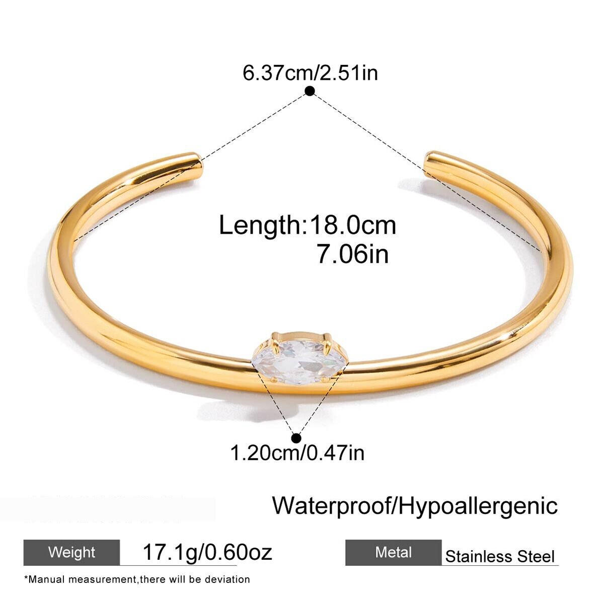 1 Stück Glänzendes, Gebogenes, Wasserdichtes Armband Aus Edelstahl In Goldfarbe Mit Zirkonia Für Damen Bild2