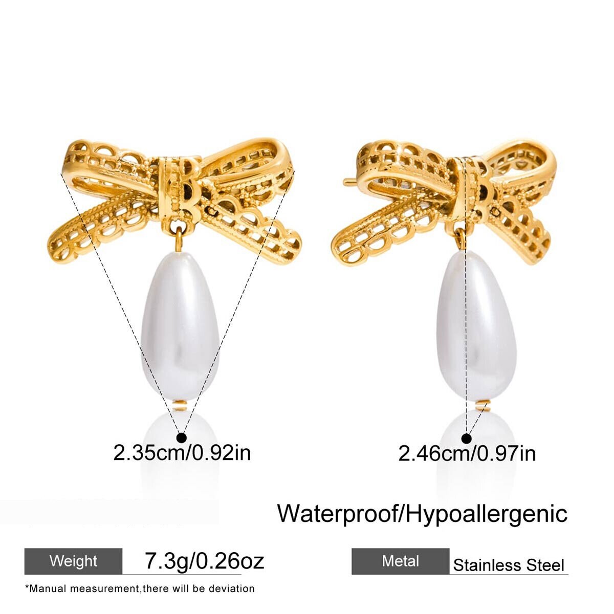 1 Pair Romantic Droplet Bow Knot Stainless Steel Waterproof Gold Color Women's Drop Earrings h5 Picture2