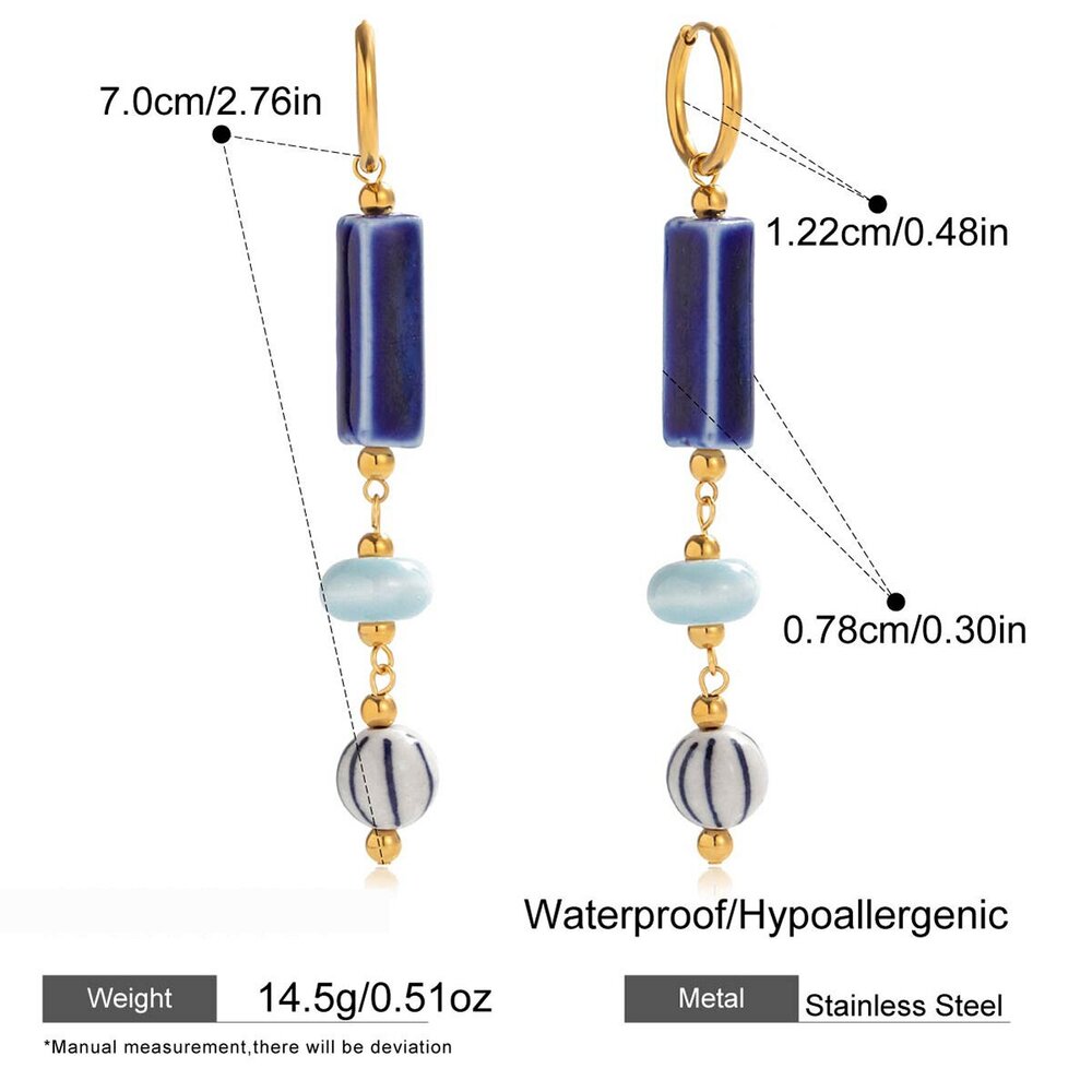 1 Pair Handcrafted Blue Ceramic Stainless Steel Waterproof Gold Color Women's Beads Earrings Picture2