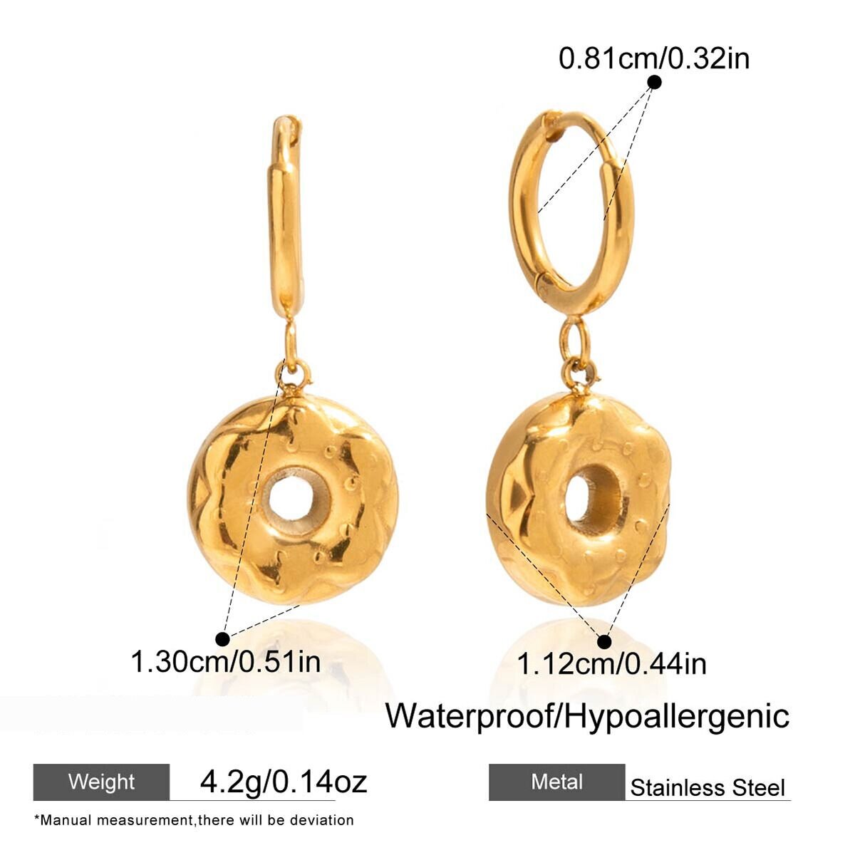 1 Paar Romantische, Wasserfeste Ohrhänger In Donut-Form Aus Edelstahl In Goldfarbe Für Damen Bild2