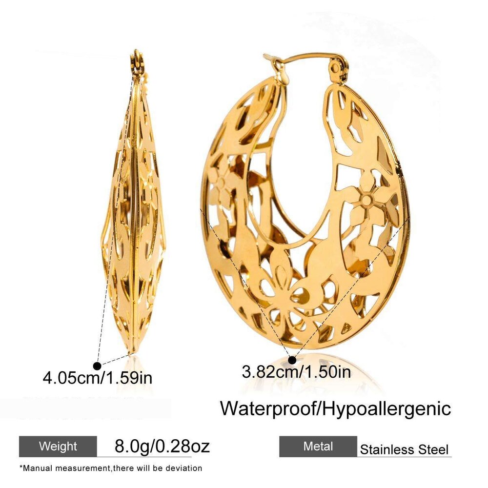 1 Pair Stylish Flower Hollowed-Out Stainless Steel Waterproof Gold Color Women's Hoop Earrings Picture2