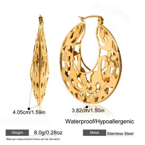 1 Pair Stylish Flower Hollowed-Out Stainless Steel Waterproof Gold Color Women's Hoop Earrings h5 Picture2