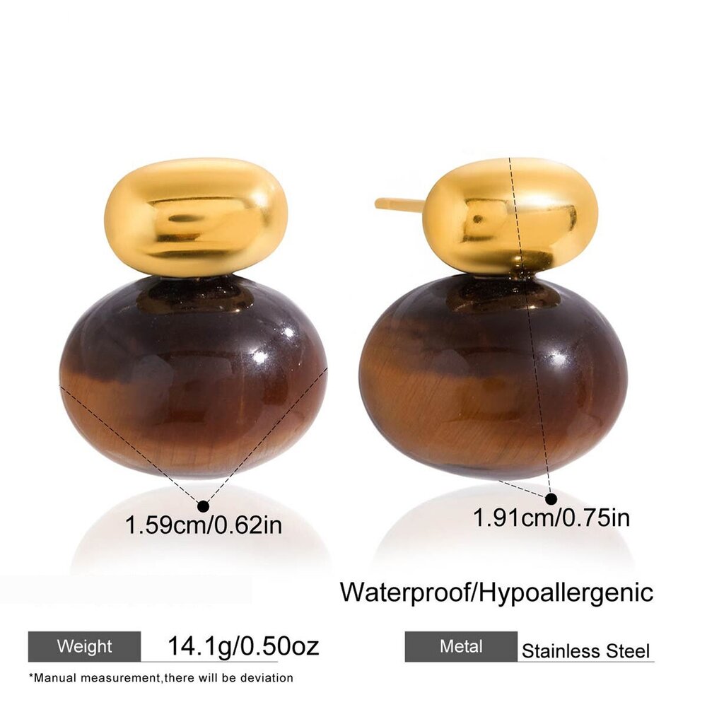 1 Pair Classic Oval Stainless Steel Waterproof Gold Color Natural Stone Women's Stud Earrings Picture2